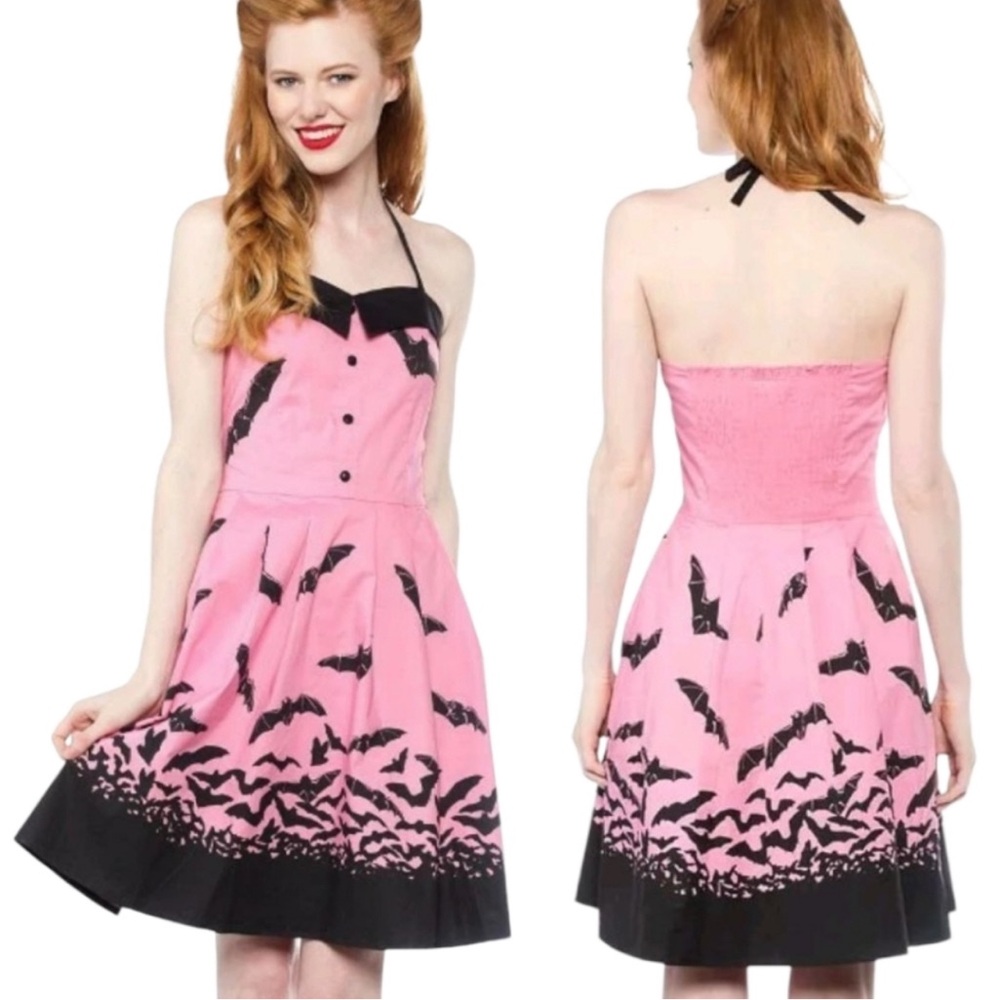 Sourpuss Pink and Black Bat Print Halter Dress